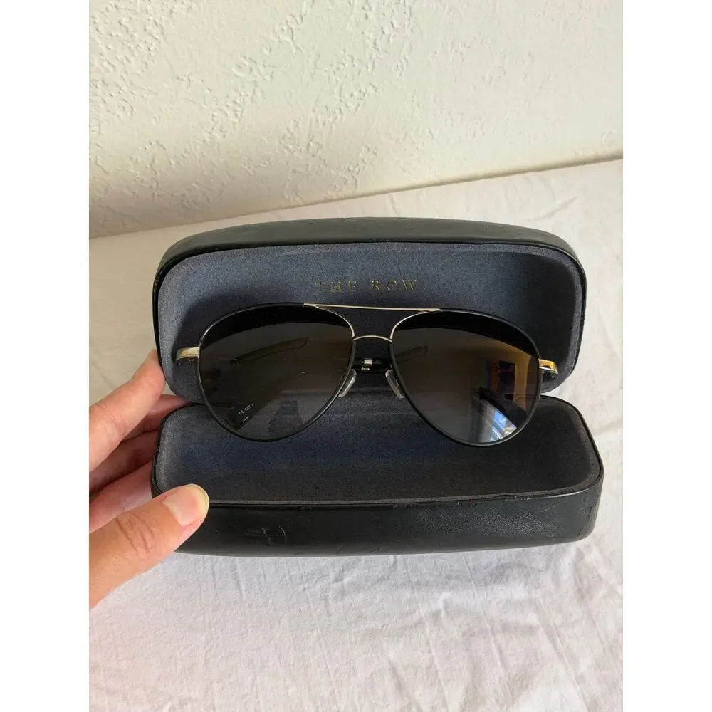The Row x Linda Farrow Aviators ROW/80/2 Titanium Frame Black Leather Wrapped